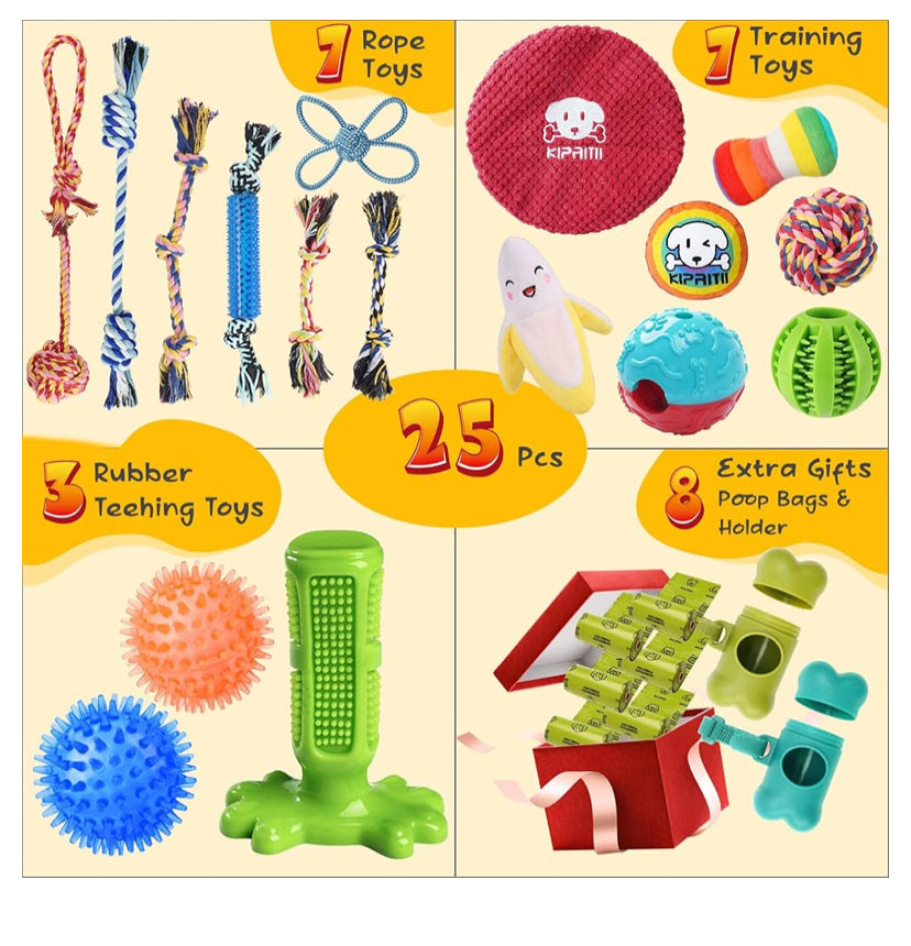 KIPRITII 25 Pack Various Puppy Dog Toys for Teething, Entertainment & Interaction, Puppy Chew Toys Pack with Rope Toys, Treat Balls and Dog Squeaky Toys for Puppy & Small Dogs