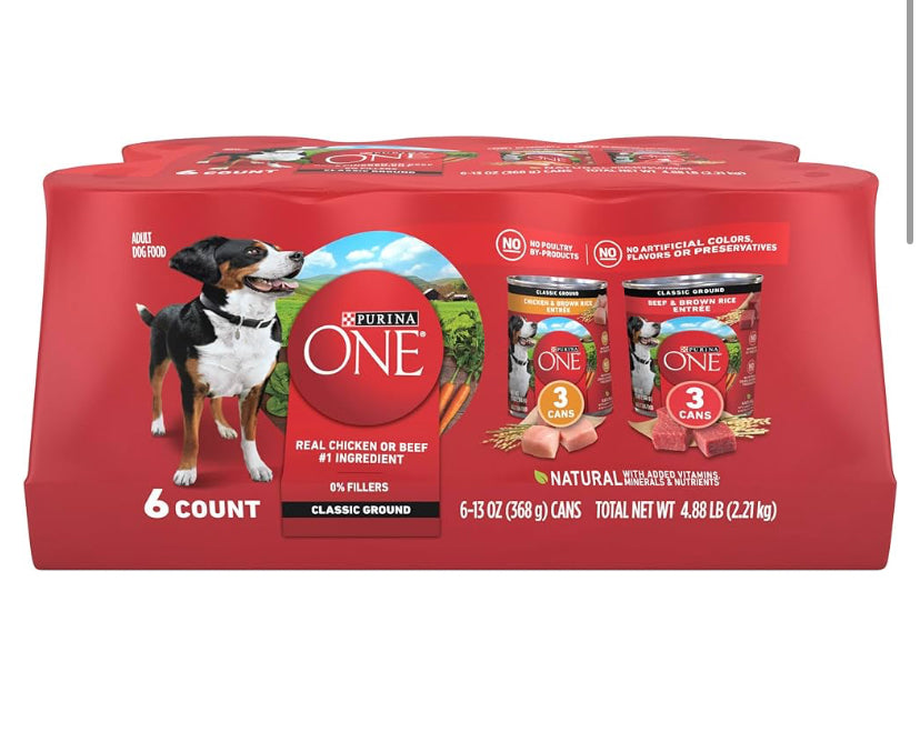 Purina ONE Classic Ground Chicken and Brown Rice, and Beef and Brown Rice Entrees Wet Dog Food Variety Pack - (Pack of 6) 13 oz. Cans