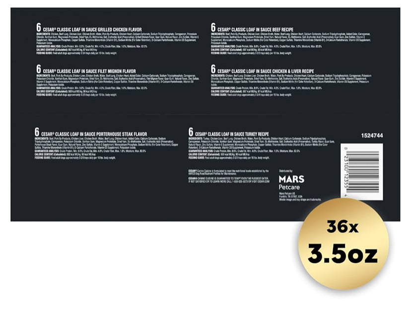 CESAR Adult Wet Dog Food Classic Loaf in Sauce Grilled Chicken, Filet Mignon, Porterhouse Steak, Beef, Chicken & Liver and Turkey Variety Pack