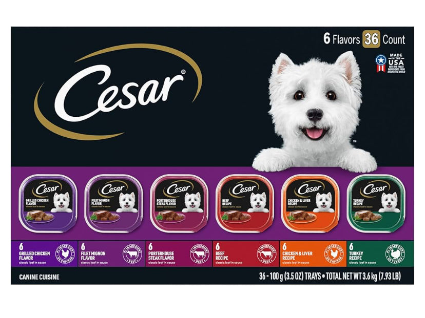 CESAR Adult Wet Dog Food Classic Loaf in Sauce Grilled Chicken, Filet Mignon, Porterhouse Steak, Beef, Chicken & Liver and Turkey Variety Pack