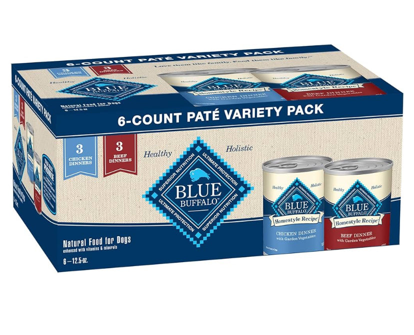 Blue Buffalo Homestyle Recipe Adult Wet Dog Food, Made with Natural Ingredients, Chicken and Beef Dinner Variety Pack, 12.5-oz Cans (6 Count, 3 of each)