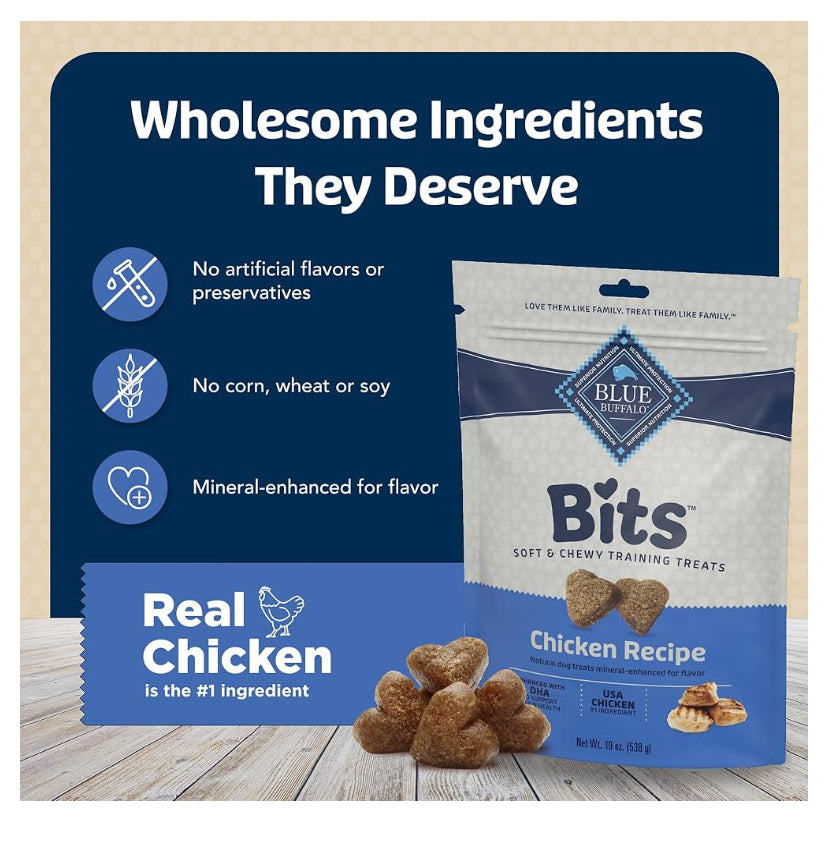 Blue Buffalo Bits Soft Dog Treats for Training, Made With Natural Ingredients & Enhanced with DHA, Chicken Recipe, 19-oz Bag