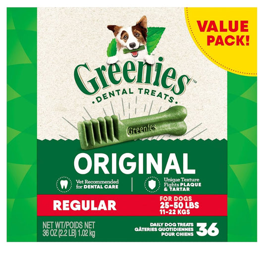 Greenies Original Regular Natural Dog Dental Care Chews Oral Health Dog Treats, 36 count (Pack of 1)