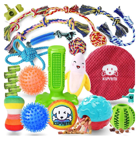 KIPRITII 25 Pack Various Puppy Dog Toys for Teething, Entertainment & Interaction, Puppy Chew Toys Pack with Rope Toys, Treat Balls and Dog Squeaky Toys for Puppy & Small Dogs